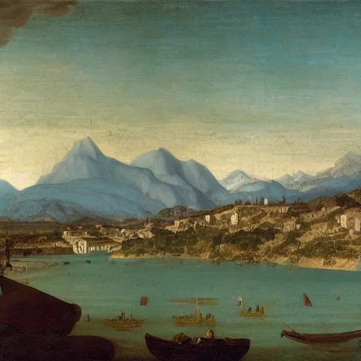 Image similar to oil painting of marbella city, beach in the foreground, mountains in the background, by leonardo da vinci