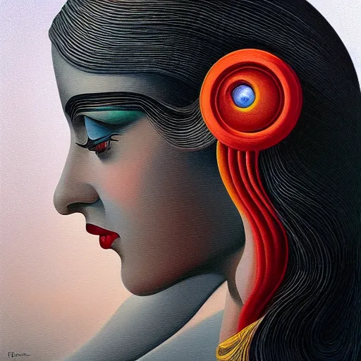 Image similar to colorful art deco portrait, an ultrafine detailed painting by rafal olbinski, thomas cole, behance contest winner, pop surrealism, detailed painting, very detailed, minimalist, skeuomorphic, airbrush art