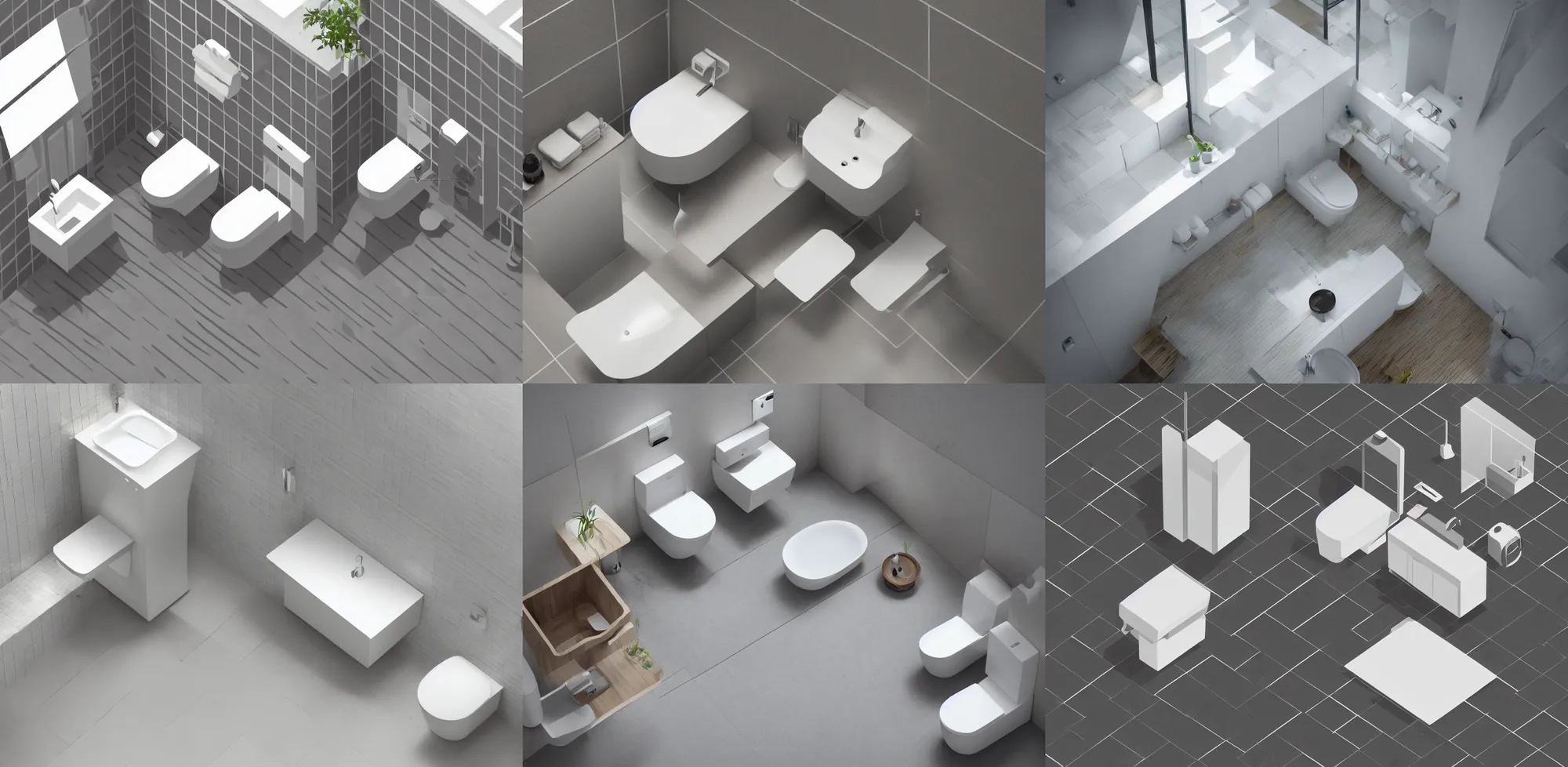 Prompt: photo of a small modern bathroom, isometric perspective, bird's eye view, high quality