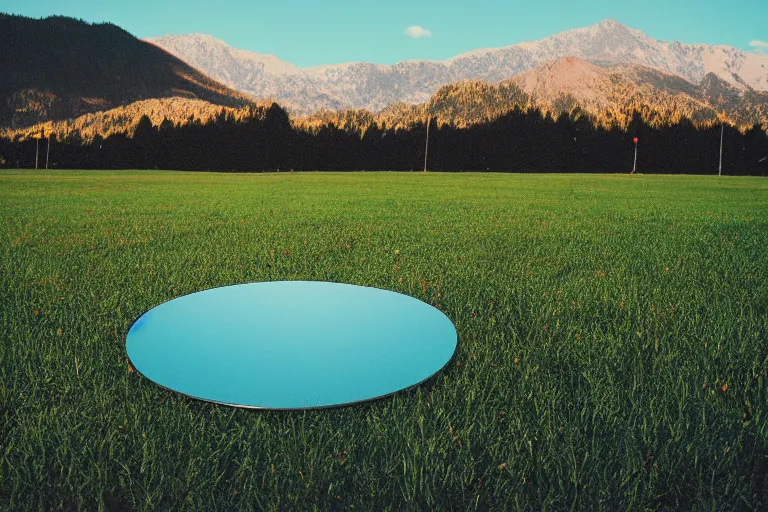 Image similar to film color photography, green lawn, small mirror reflected clouds, no focus, mountains in distance, 35mm