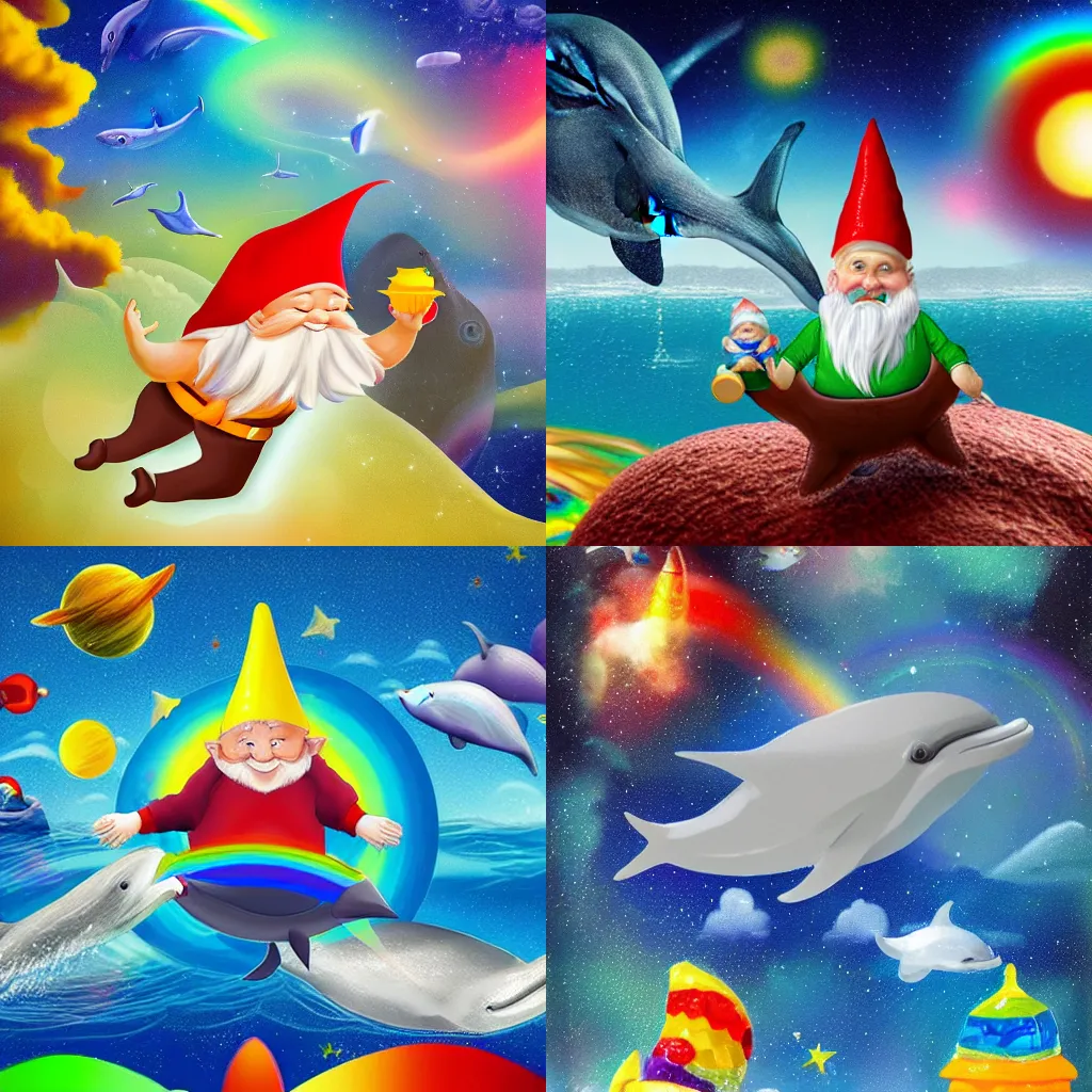 Prompt: a gnome riding on a dolphin in space with clours and rainbows high resolution