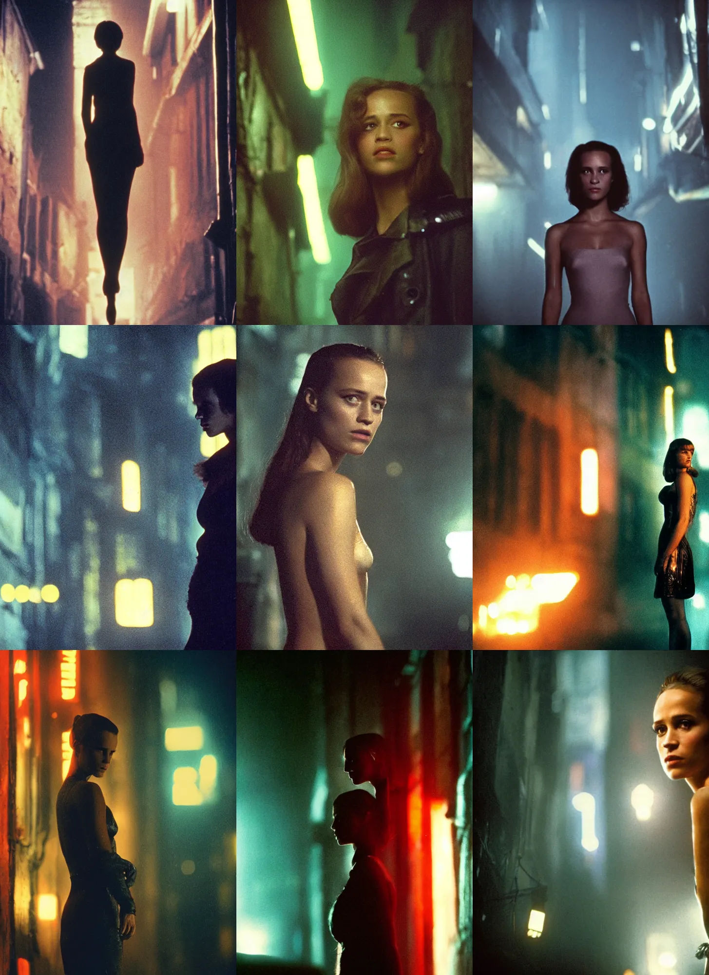Prompt: A close-up, color outdoor film still of a Alicia Amanda Vikander standing on the dark alleyway, ambient lighting at night, from Blade Runner(1982).