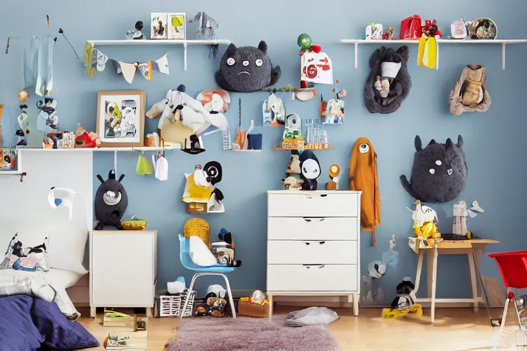 Image similar to IKEA catalogue photo of a children's bedroom with Totoro, Studio Ghibli, Soot sprites, Hayao miyazaki