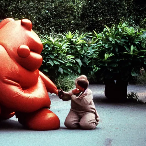 Prompt: a 3 5 mm photography, kodachrome colour, of grandpa fighting with white michelin man costume, riding a hippo, strange creatures and alien plants around, photos taken by martin parr - h 9 6 0 - w 1 0 8 8