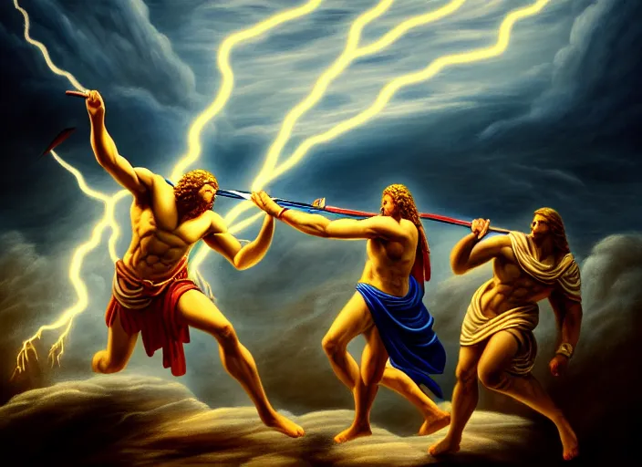 Image similar to soft painting of zeus fighting chronos with a spear of lightning at the top of mount olympus. fantasy style. highly detailed 8 k. intricate. lifelike. soft light. nikon d 8 5 0 5 5 mm. dof. cinematic post - processing.