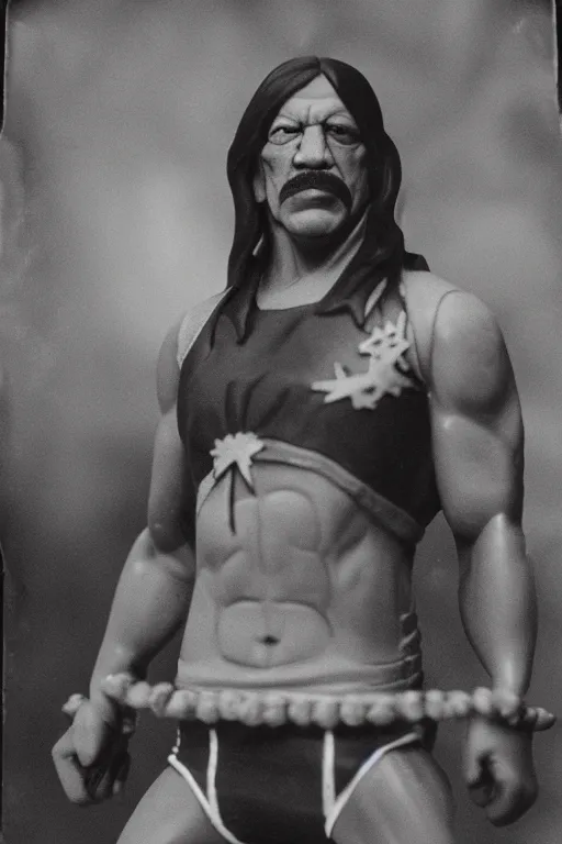 Image similar to daguerreotype of danny trejo as a 1 9 8 0 s wrestling action figure