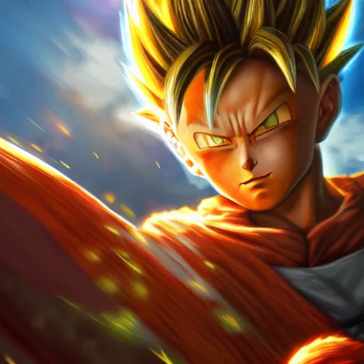 Image similar to tabby cat going super saiyan, like goku, golden hour, fantasy, sharp focus, digital art, hyper realistic, 4 k, unreal engine, highly detailed, hd, dramatic lighting by brom, trending on artstation