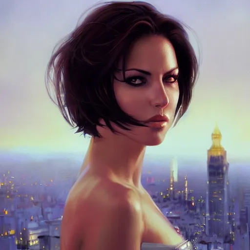 Image similar to a closeup portrait of monica belucci, dramatic light, city background, sunset, high contrast, sharp, painted by stanley lau, painted by greg rutkowski, painted by stanley artgerm, digital art, trending on artstation