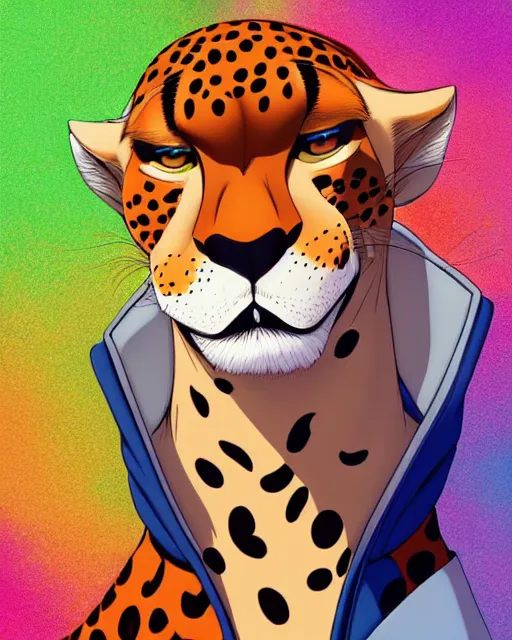 Image similar to don bluth, loish, artgerm, joshua middleton, anthropomorphic cheetah, wearing a track suit, smiling, symmetrical eyes symmetrical face, colorful animation forest background