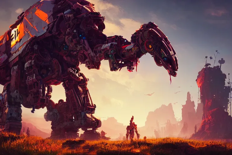 Image similar to behemoth machine mecanical creature robot of horizon forbidden west horizon zero dawn radiating a glowing aura global illumination ray tracing hdr fanart arstation by ian pesty and alena aenami artworks in 4 k