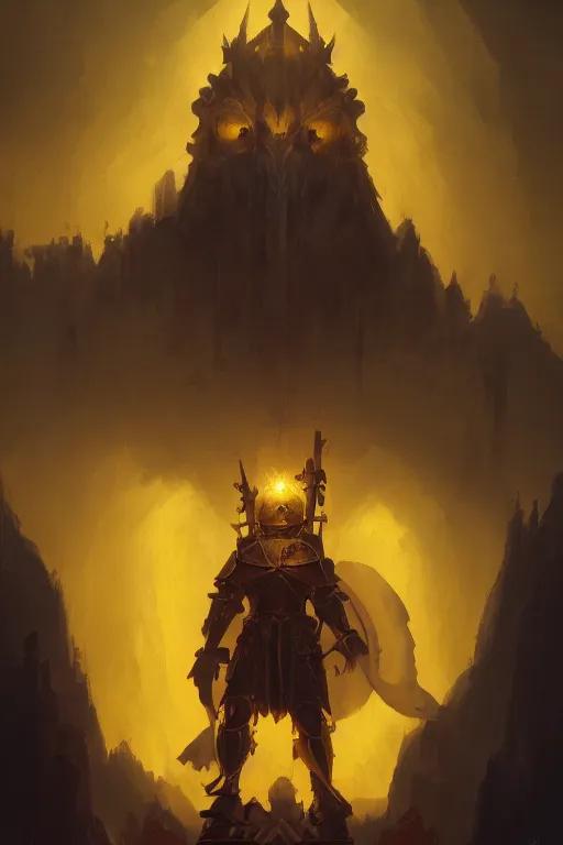 Image similar to A closeup of a yellow holy knight by Greg Rutkowski, Dan Mumford, Christophe Vacher, 4k photorealistic, volumetric lighting, HD, high details, dramatic, hdr, trending on artstation