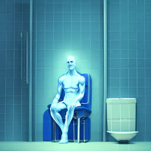 Image similar to Dr.Manhattan in Ukrainian village house, siting on a toilet, photorealism, by Beeple