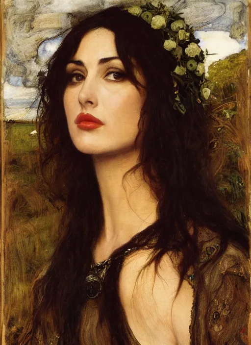 Image similar to a beautiful painting of monica bellucci by John Everett Millais and Dante Gabriel Rossetti and John Collier and john william waterhouse, pre-raphaelite, detailed, trending on artstation, hd, masterpiece