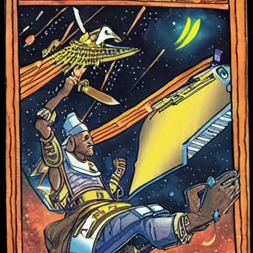 Prompt: horus and the emperor dueling aboard a spacecraft, clashing swords, epic