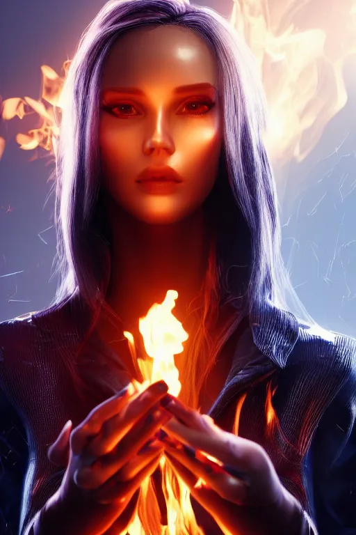 Prompt: gorgeous blonde woman with fire in her hand, cyberpunk, realistic, high definition, many details, shiny colorful, symmetrical face, realistic eyes, art of unreal engine 5