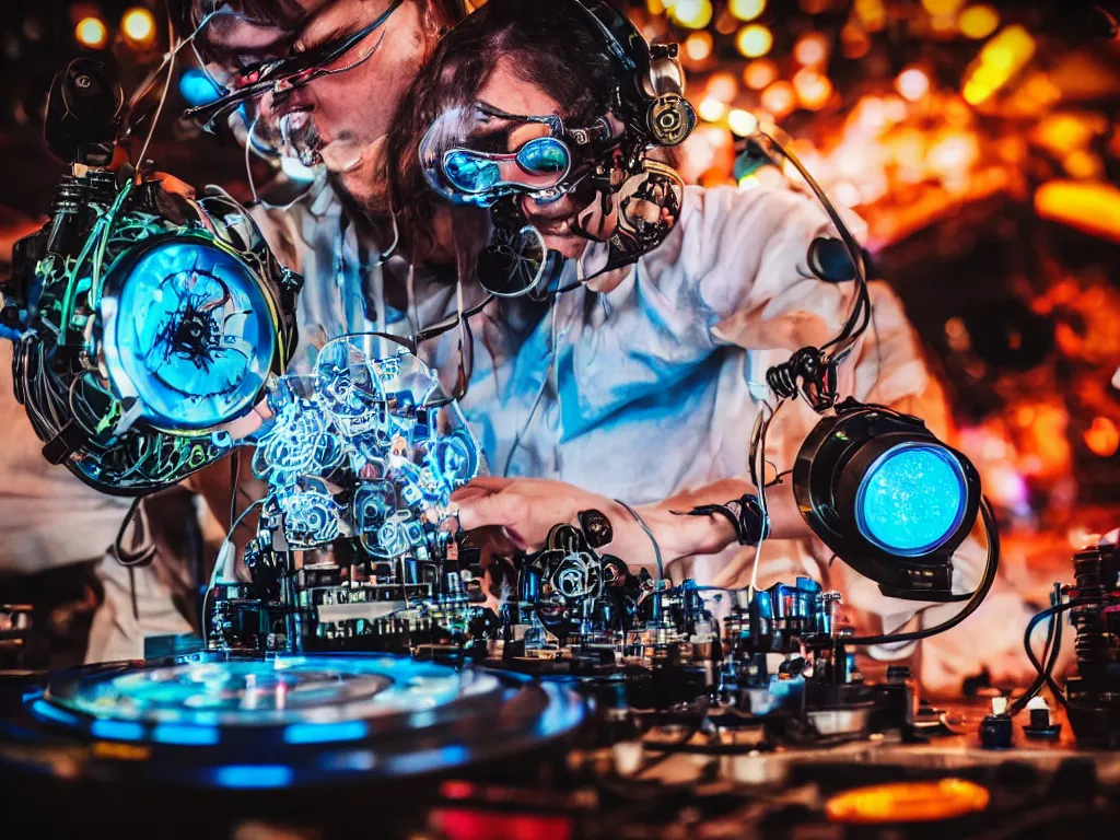 Image similar to a person wearing goggles and visor and headphones using a steampunk record player contraption, wires and tubes, turntablism dj scratching, intricate planetary gears, cinematic, imax, sharp focus, leds, bokeh, iridescent, black light, fog machine, hazy, lasers, hyper color digital art, cyberpunk