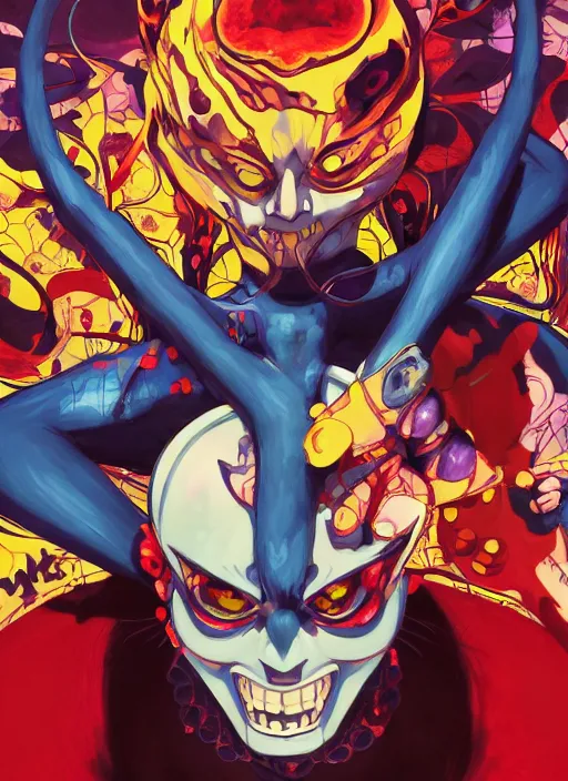 Prompt: portrait of a psychedelic demon, digital painting masterpiece, advanced lighting technology, stylized yet realistic anatomy and face, gorgeous, by reiq and bengus and akiman and shigenori soejima and bastien vives and balak and michael sanlaville and jamie hewlett, 4 k wallpaper, cinematic, gorgeous brush strokes, coherent and smooth