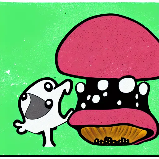 Image similar to Pacman eating a mushroom. Digital art.