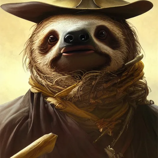 Image similar to Portrait of a Sloth as a Pirate, photo, highly detailed oil painting, photorealistic, highly detailed, digital painting, artstation, concept art, smooth, sharp focus, illustration, art by artgerm and greg rutkowski and alphonse mucha