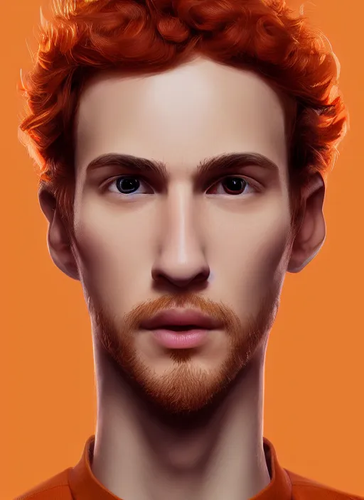 Image similar to illustration of short curly orange hair man as a self portrait, unreal engine 5, octane, smooth, reflects, masterpiece artwork, ultra detailed, artgerm, style by pixar 2 0 2 2, digital art, trending on artstation, behance, deviantart