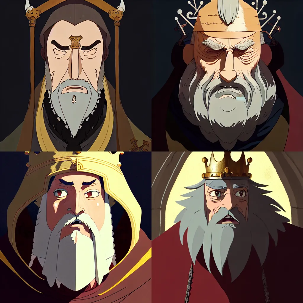 Image similar to portrait of a medieval old king, artstation, cartoon, elegant, highly detailed, digital painting, concept art, smooth, sharp focus, illustration, art by studio ghibli, makoto shinkai, don bluth, fujita goro, jean giraud, atey ghailan, akihiko yoshida, tom whalen, anton fadeev 8 k