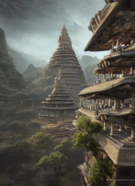 Prompt: landscape of futuristic ancient temples, magical, detailed terrain, ultra realistic, cinematic lighting, depth of field, trending on artstation