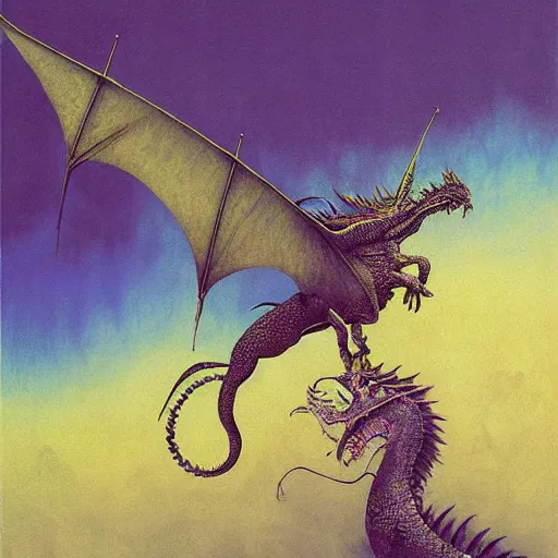 Prompt: a texturized beksinski dragon, flying through space, surrounded by purple novas, painting by Chet Zar