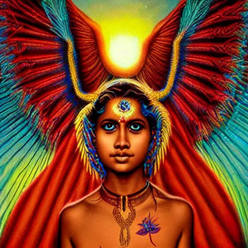 Prompt: Sri lankan girl as a winged angel covered in eyes with glowing halo, iridescent, seraphim, art by Jason Edmiston