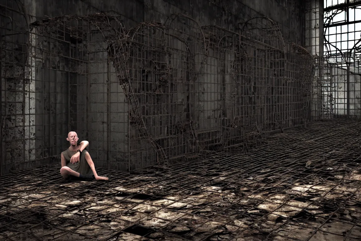 Prompt: Ugly human with long limbs sits on the floor. An underground very dark gloomy multi-layered structure of rusty thick iron grates, dense chain-link fencing and peeling walls. Inside view, collapsed floors, bent rusted iron, masterpiece, black background, corners, cinematic, hyperdetailed, photorealistic, hyperrealism, octane render, 8k, depth of field, bokeh, architecture, shadows, art by Zdzisław Beksiński, Arthur Rackham, Dariusz Zawadzki