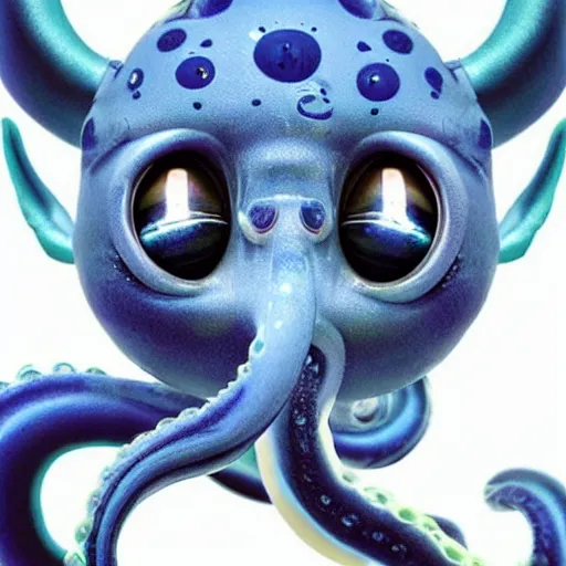 Image similar to beauty photograph of an adorable baby faced alien with tentacles on the sides of it's mouth, blue, tiny horns