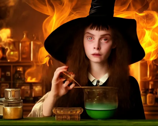 Image similar to close up portrait, calm serious teen witch and her cat mixing a spell in a cauldron, faint wispy smoke fills the air, a witch hat, cinematic, faint green glowing smoke is coming out of the cauldron, ingredients on the table, apothecary shelves in the background, still from nickelodeon show are you afraid of the dark?