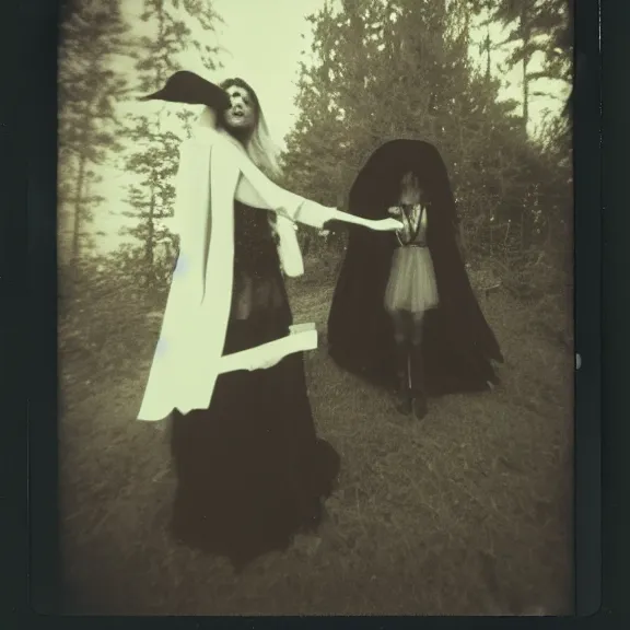 Image similar to a beautiful witch summoning a horrible demon, a polaroid photo taken by lucifer