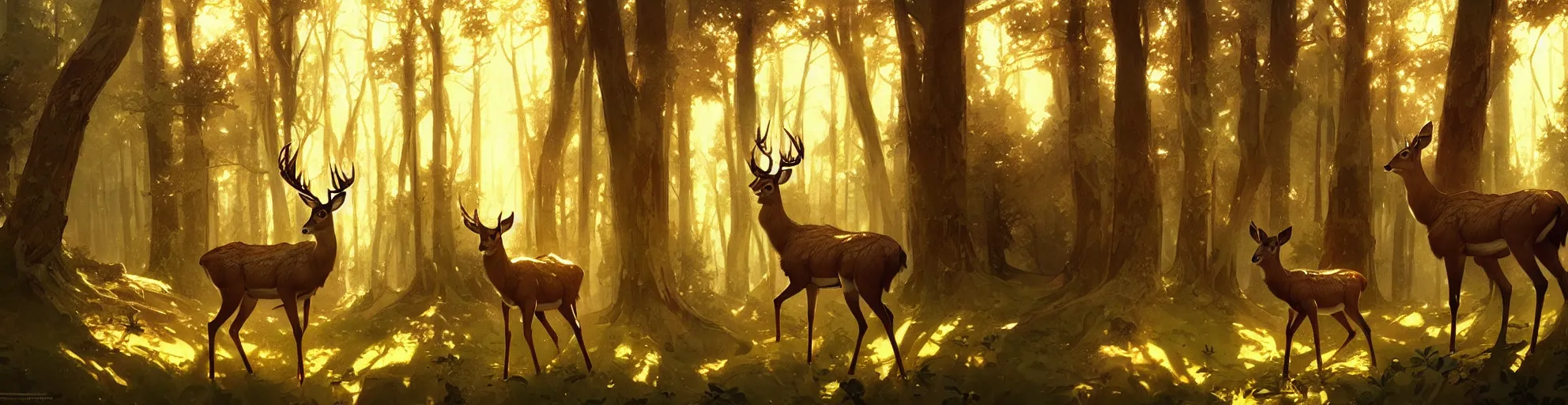 Image similar to Deer in Sherwood Forest, highly detailed, digital painting, artstation, concept art, smooth, sharp focus, illustration, art greg rutkowski and alphonse mucha