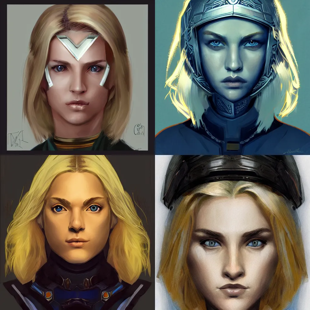 Prompt: Symmetrical headshot portrait of young blonde paladin woman, in style of Craig Mullins