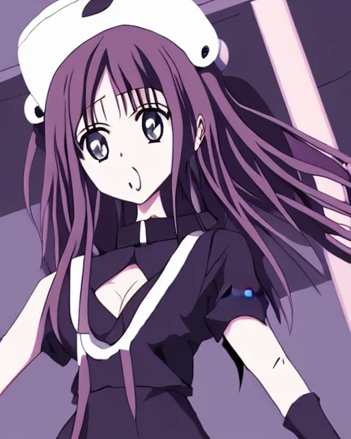 Prompt: female anime girl, black dress, rooftop party, symmetrical faces and eyes symmetrical body, middle shot waist up, airplane hanger background, Madhouse anime studios, Black Lagoon, Wit studio anime, romantic lighting, 2D animation