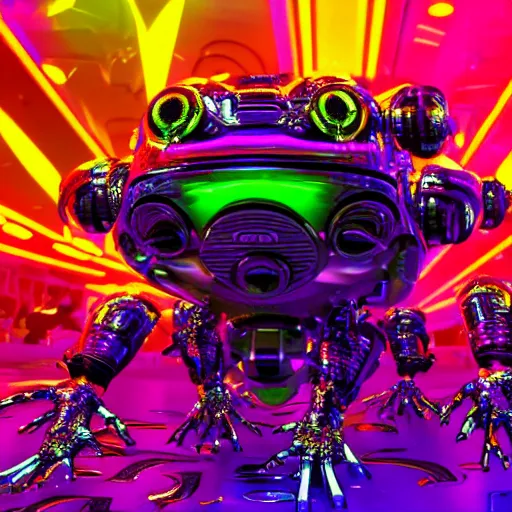 Image similar to robofrog cybercore disco rave. bright scene. fine detail. this 4 k hd image is trending on artstation, featured on behance, well - rendered, extra crisp, features intricate detail, epic composition and the style of unreal engine.
