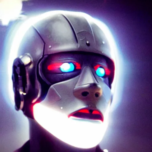 Prompt: movie still of a man with a cyborg helmet with a glowing third eye, cinematic composition, cinematic light, by edgar wright and david lynch