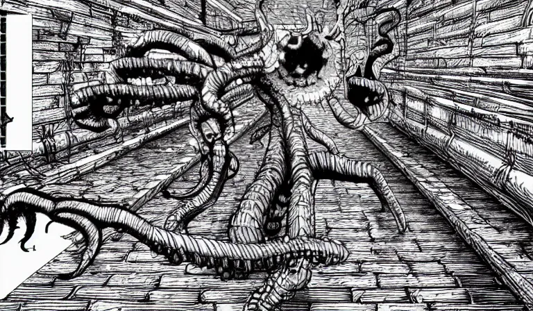 Prompt: Fighting eldritch horrors in an FPS, PC game with UI, by Junji Ito