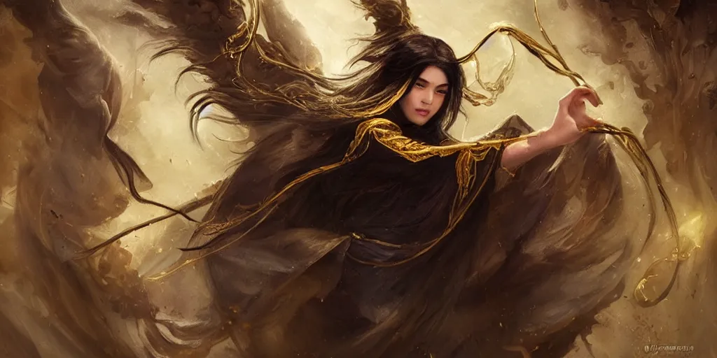 Prompt: a young priestess with long black hair weavering golden string of magic, barroque painting, ultra realistic. cinematic, dynamic. magic the gathering style. epic fantasy