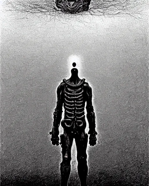 Image similar to full-body creepy realistic illustration central composition, a decapitated soldier with futuristic elements. he welcomes you into the fog with no head, dark dimension, empty helmet inside is occult mystical symbolism headless full-length view. standing in ancient gate eldritch energies disturbing frightening eerie, award-winning digital artwork by Salvador Dali, Beksiński, Van Gogh and Monet.