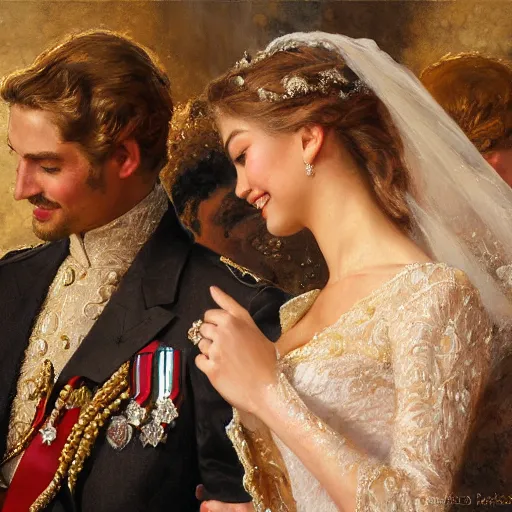 Image similar to detailed painting of prince william marrying attractive gigi hadid, highly detailed painting by gaston bussiere, craig mullins, j. c. leyendecker 8 k, 4 k, smiling couple, royal painting, human face, watercolor