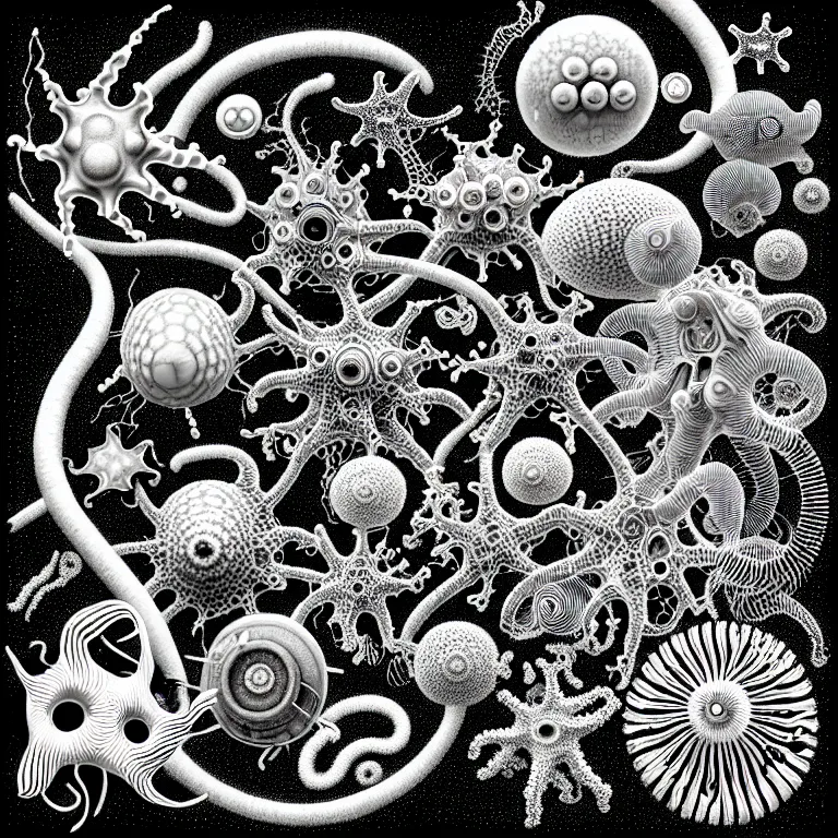 Image similar to a black and white drawing of a variety of sea life and filled with gundam mech equipment space station, a microscopic photo by ernst haeckel, zbrush central, kinetic pointillism, bioluminescence, biomechanical, intricate patterns, photoillustration