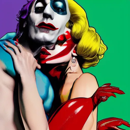 Prompt: richard hamilton and mimmo rottela as lady gaga harley queen and joaquin phoenix joker kissing, pop art, medium long shot, 2 color, justify content center, hyper detailed content, dynamic composition, 4 k, ultra realistic art, smooth, sharp focus, illustration, concept art, intricate details, h 7 6 8