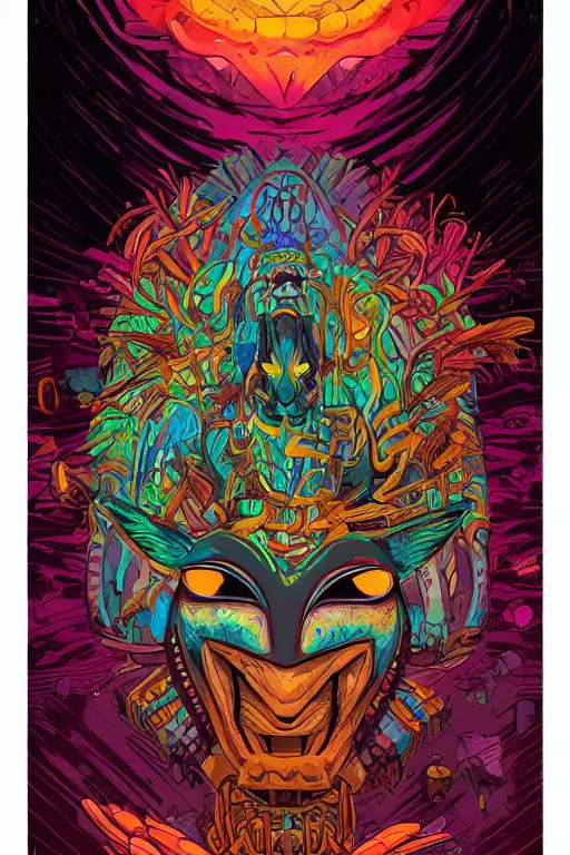 Image similar to totem animal tribal chaman vodoo mask feather gemstone plant wood rock video game illustration vivid color borderlands by josan gonzales and dan mumford radiating a glowing aura