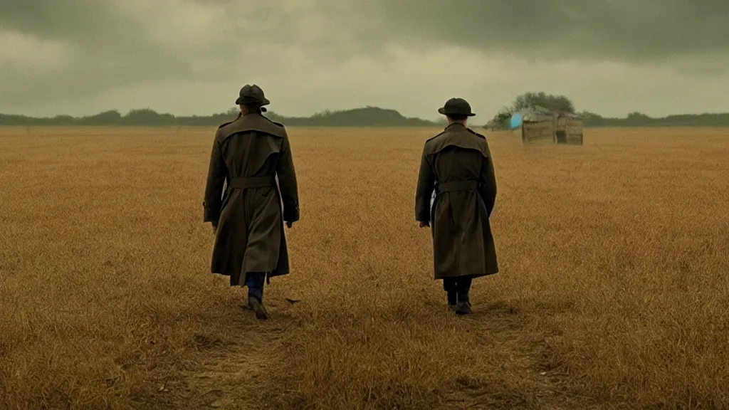 Prompt: a man in a trench coat walks to a shack in a field, film still from the movie directed by Denis Villeneuve, wide lens