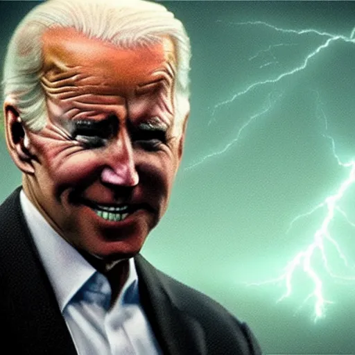 Image similar to Huge, Bellowing Joe Biden with glowing eyes, thunderstorm. Fantasy concept art, best of ArtStation