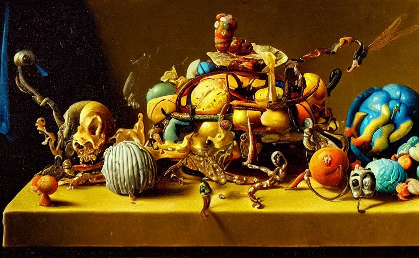 Image similar to disturbing colorful oil painting dutch golden age vanitas still life with bizarre objects strange gooey surfaces shiny metal bizarre insects rachel ruysch dali todd schorr very detailed perfect composition rule of thirds masterpiece canon 5 0 mm, cinematic lighting, photography, retro, film, kodachrome