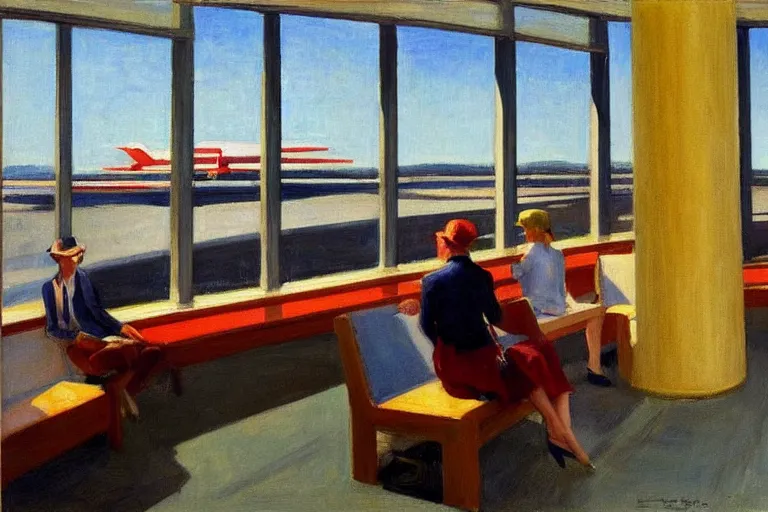 Prompt: inside an airport waiting area looking outside, planes landing, painting by edward hopper,