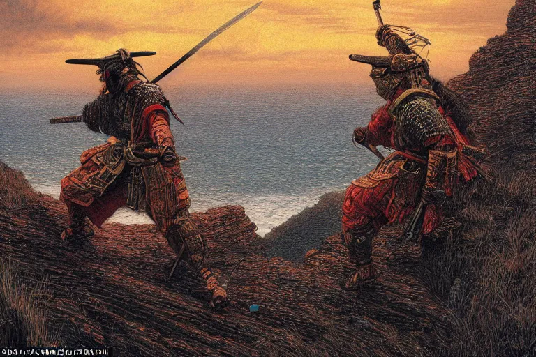 Prompt: a fierce samurai looking into the horizon on a cliff, golden hour, dramatic lighting, fluid, smooth, bright, colours, high contrast, sharpness, very detailed, intricate, by donato giancola, gustave dore and junji ito