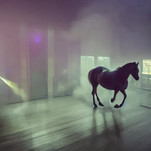 Image similar to wide angle shot from above, misty volumetric muted/dim neon color smoke wisps waft on convection current of air through a low energy cluttered parlor and coalesce on the floor into the vague translucent outline of a horse crossing the finish line.